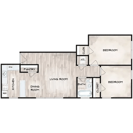 Floor Plan  A floor plan of a house with a pantry, two bedrooms, a living room, a dining room, a kitchen, and a bathroom.