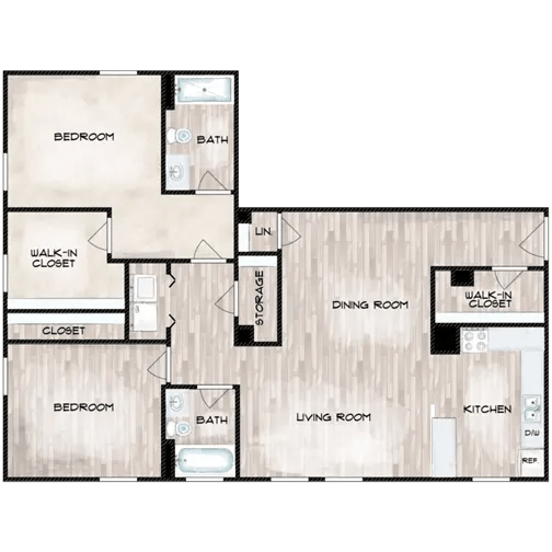 A floor plan of a house with two bedrooms, a living room, a dining room, a kitchen, a walk-in closet, and a storage area.
