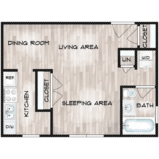 Floor Plan  A floor plan of a small apartment with a kitchen, sleeping area, and bathroom.