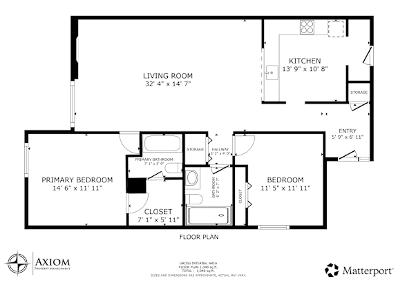 A floor plan of a home with a living room, kitchen, primary bedroom, and a bedroom.