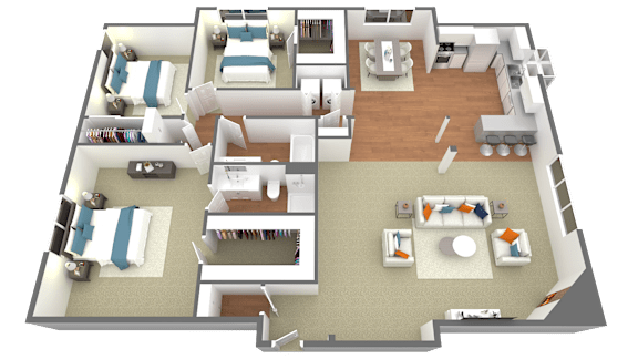 A 3D rendered image of a house layout.