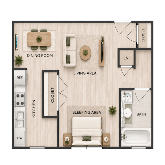 A floor plan of a small apartment with a sleeping area, kitchen, dining room, and bathroom.