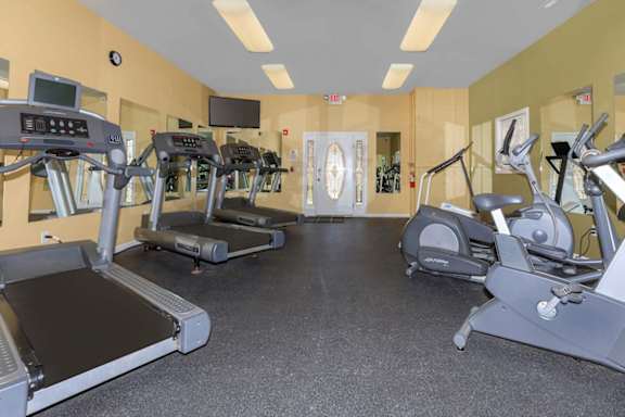 A gym with treadmills and elliptical machines.