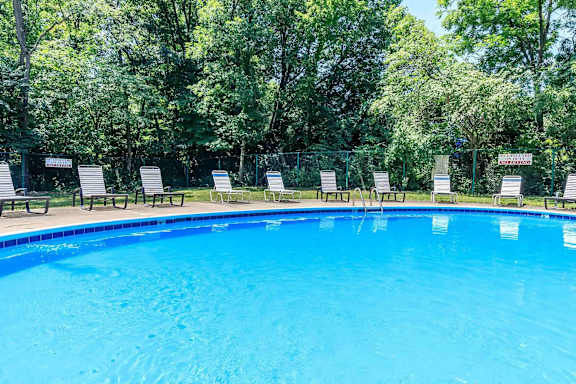 A swimming pool surrounded by trees and lounge chairs.