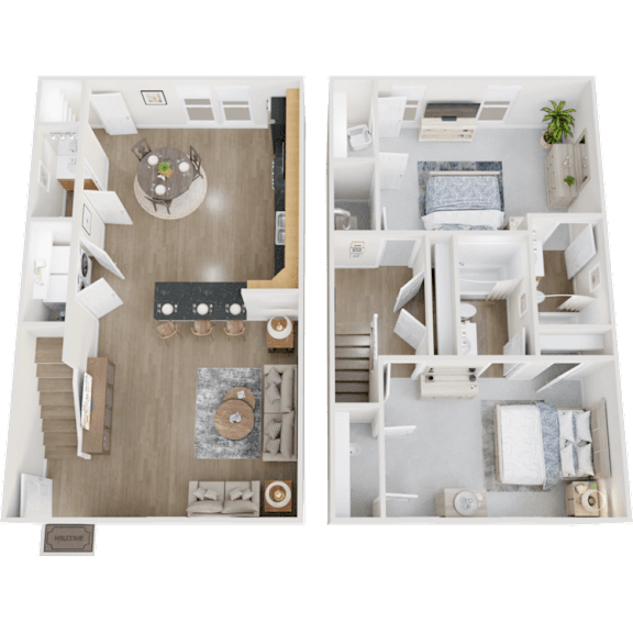 Two images of a model apartment, one with a kitchen and the other with a living room.