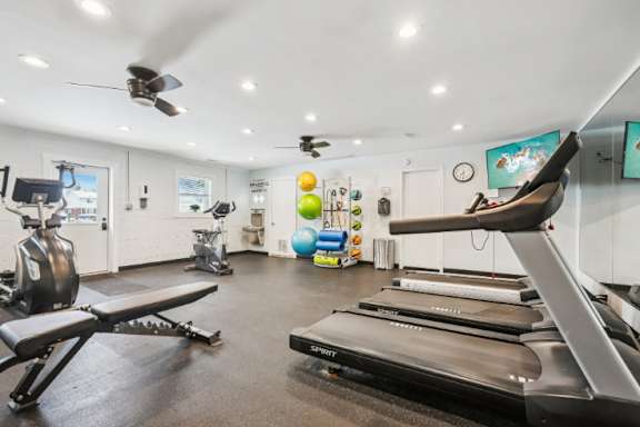 A gym with treadmills, exercise equipment, and a fan.