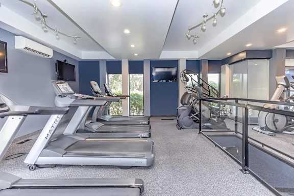 A home gym with treadmills and exercise equipment.