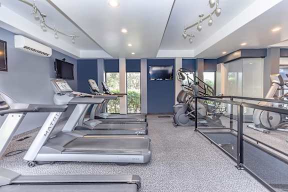 A home gym with treadmills and exercise equipment.