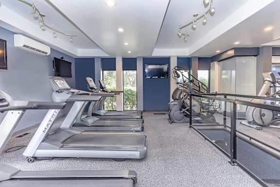 A home gym with treadmills and exercise equipment.