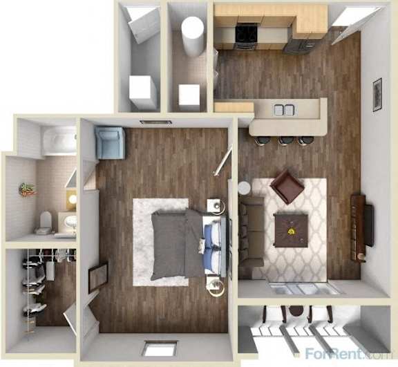 A 3D rendered image of a small apartment layout.