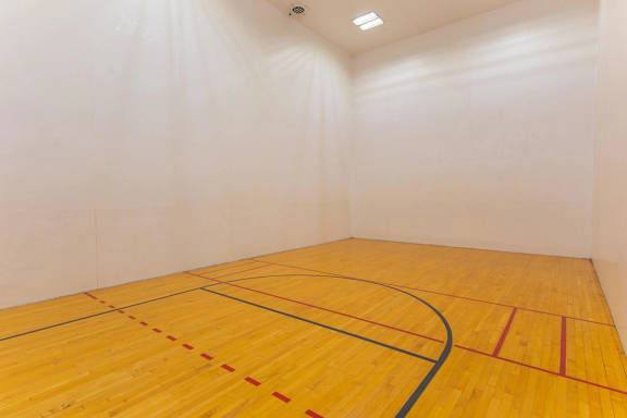 A squash court with a yellow floor and red lines.
