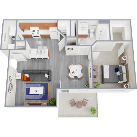 A 3D floor plan of a house showing a kitchen, living room, and two bedrooms.