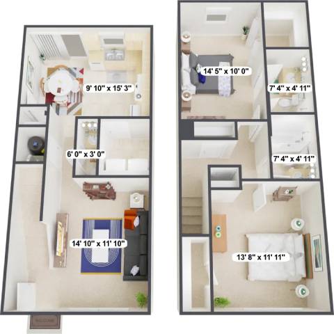 A floor plan of a two-bedroom apartment with dimensions of each room.