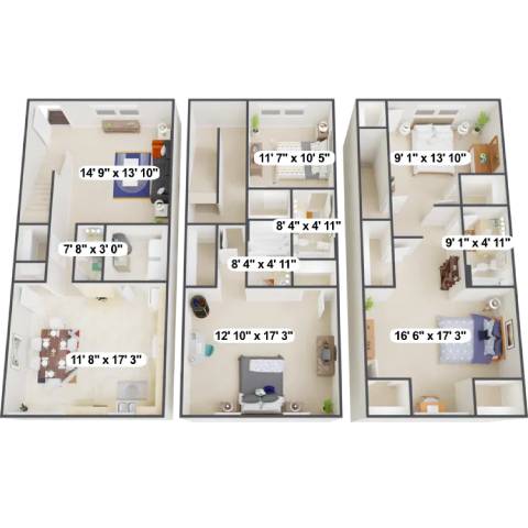 Three floor plans of a house with different layouts and dimensions.