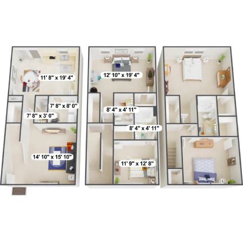 A set of three floor plans for residential apartments.