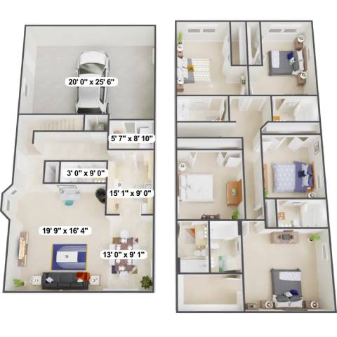 A floor plan of a two-story house with dimensions of each room.