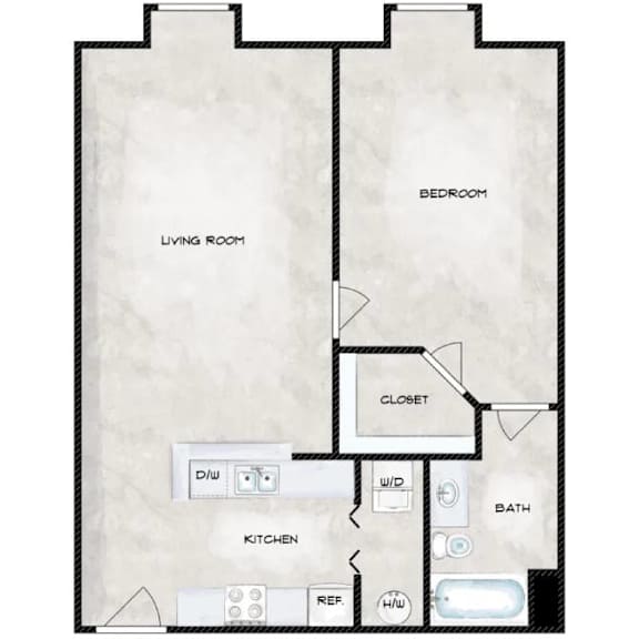 A floor plan of a house with a living room, kitchen, bedroom, and bathroom.