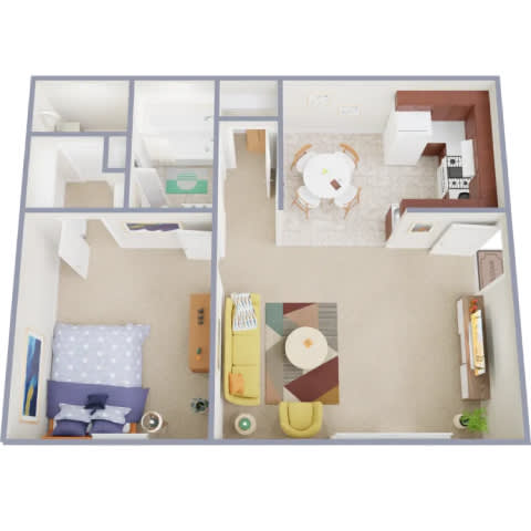 A dollhouse living room with a couch, coffee table, and a teddy bear.