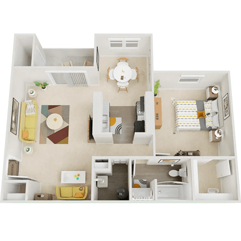 A 3D floor plan of a house with a kitchen, living room, and two bedrooms.