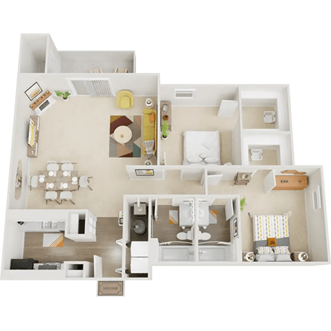 A detailed 3D model of a house layout with labeled rooms.