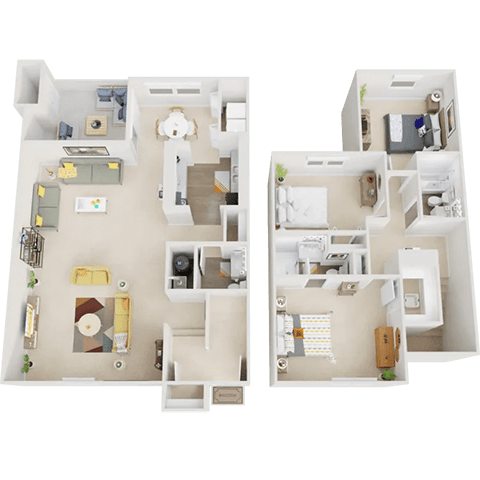 Two 3D floor plans of a house showing the layout of rooms and furniture.