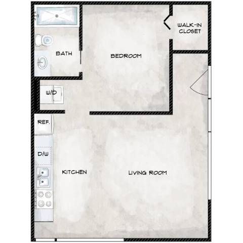 A floor plan of a home with a living room, kitchen, bedroom and bathroom.