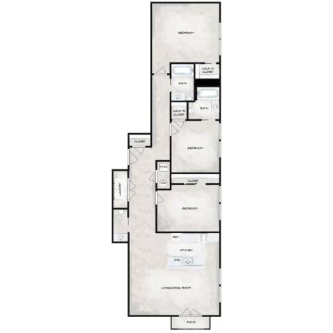 A floor plan of an apartment with a kitchen, living room, and two bedrooms.