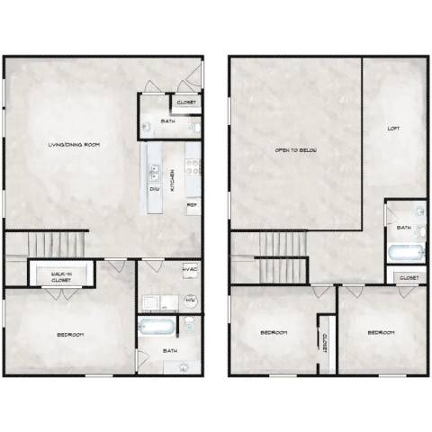 A floor plan of a house with two bedrooms, a living room, a bathroom, a cloakroom, and an open-to-balcony area.
