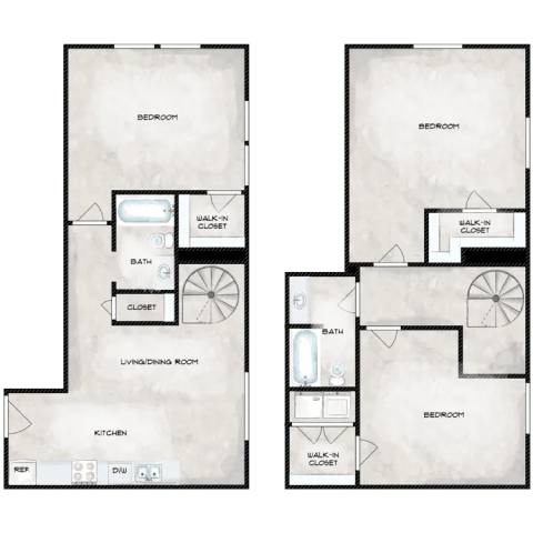 A floor plan of a house with two bedrooms, two bathrooms, a living room, a dining room, a kitchen, and a walk-in closet.