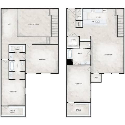 A floor plan of a house with two bedrooms and a bathroom.