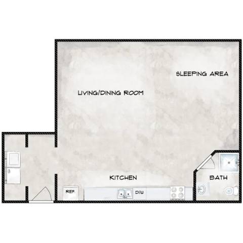 A floor plan of a small apartment with a living/dining room, kitchen, sleeping area, and bath.