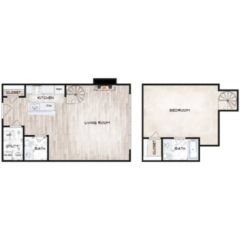 A floor plan of a house with a living room, kitchen, bedroom and bathroom.