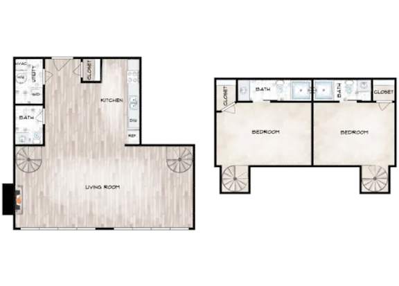 A floor plan of a house with two bedrooms, a living room, a kitchen, a bathroom, and a garage.
