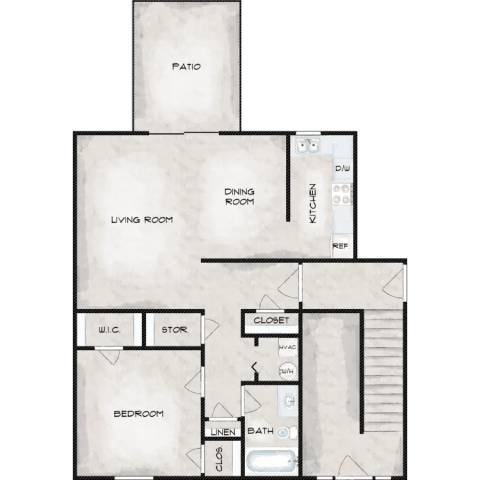 A floor plan of a house with a patio, living room, dining room, kitchen, bedroom, bathroom, and closet.