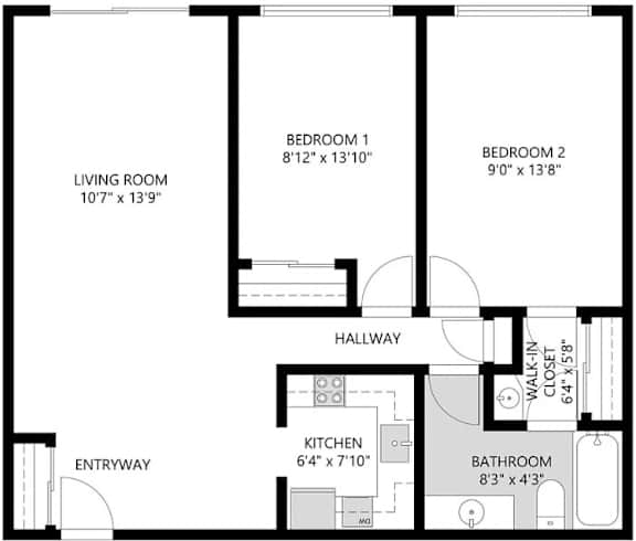 A black and white image of a floor plan for a home with a living room, two bedrooms, a kitchen, bathroom, and hallway.