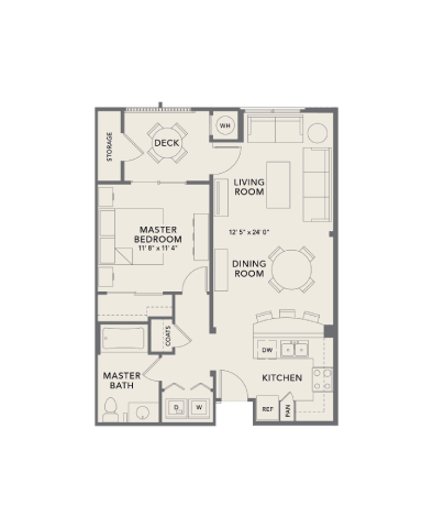 A floor plan of a house with a master bedroom, a living room, a dining room, a kitchen, a master bath, and a deck.