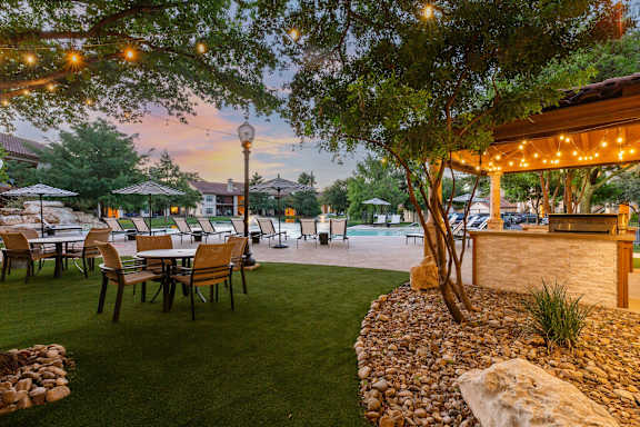 Patio with Tables and Chairs at The Landmark, New Braunfels, 78130