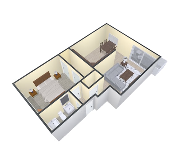 A 3D floor plan of a small apartment with a kitchen, living room, and two bedrooms.