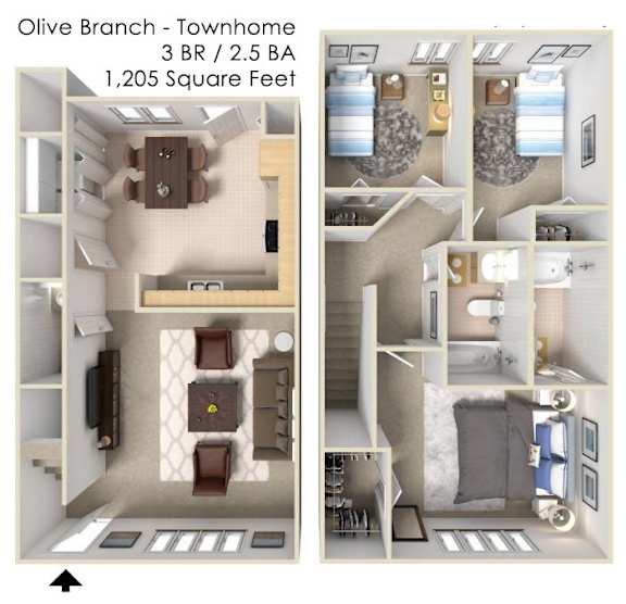 A floor plan of a 3 bedroom, 2.5 bathroom townhome with a total area of 1,205 square feet.