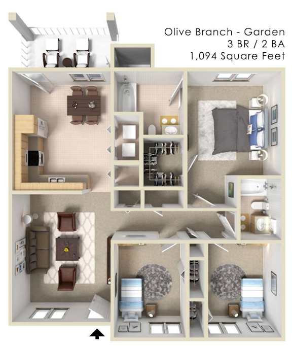 Floor Plan  A 3 bedroom, 2 bathroom apartment with a garden is 1,094 square feet.