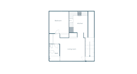 A floor plan of a house with a bedroom, kitchen, and living room.