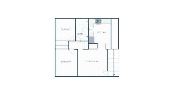 A floor plan of a house with two bedrooms, a living room, a kitchen, and a bathroom.