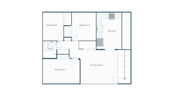 A floor plan of a house with two bedrooms, a bathroom, a kitchen, and a living room.