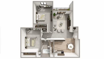 A floor plan of a small apartment with a kitchen, living room, and bathroom.