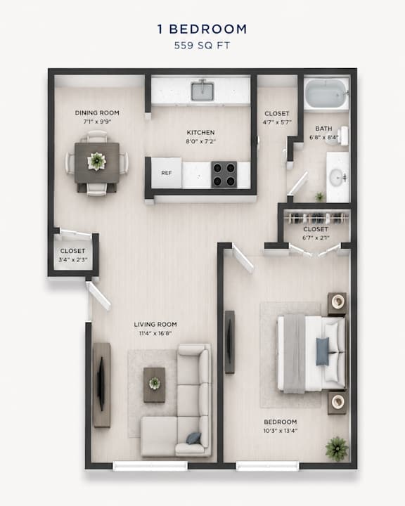 A floor plan of a 1 bedroom apartment sized at 559 square feet.