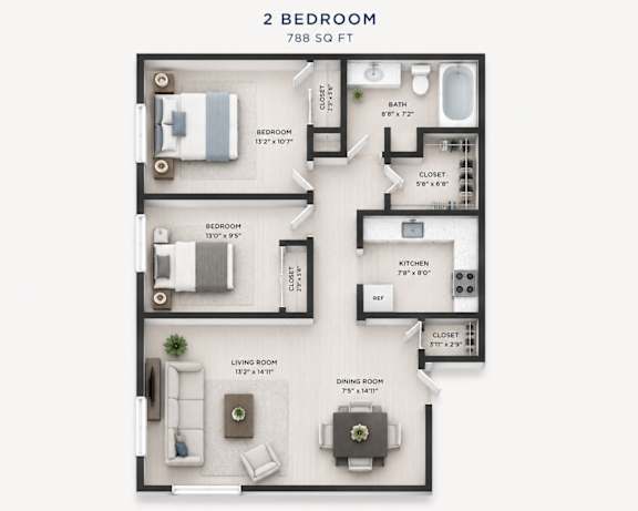 A 2 Bedroom apartment is 788 square feet with a living room, dining room, kitchen, and two bedrooms.