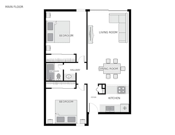 A floor plan of a house with two bedrooms, a living room, a dining room, a kitchen, a foyer, and two bathrooms.