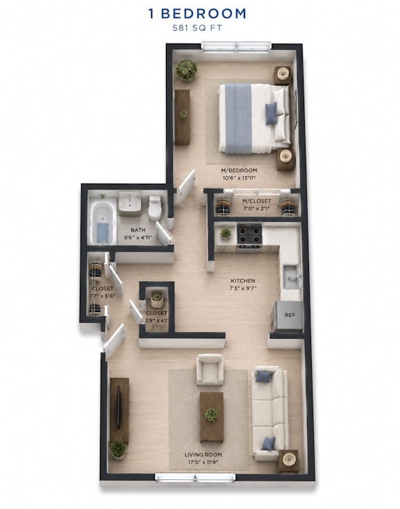 A 1 bedroom apartment is 581 square feet and includes a living room, kitchen, bath, and bedroom.