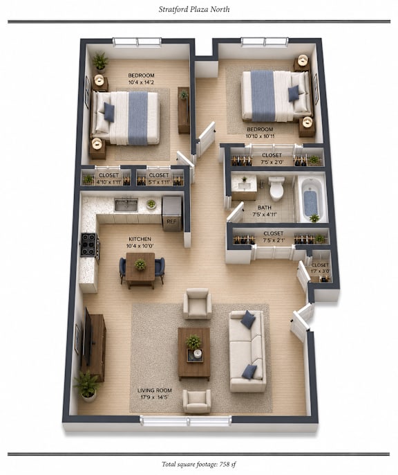 A floor plan of a Stratford Plaza North apartment with a living room, two bedrooms, a kitchen, and a bathroom.