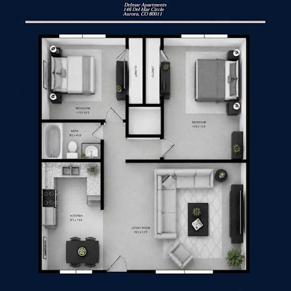 A floor plan of a Delmar Apartments unit showing a living room, kitchen, and two bedrooms.
